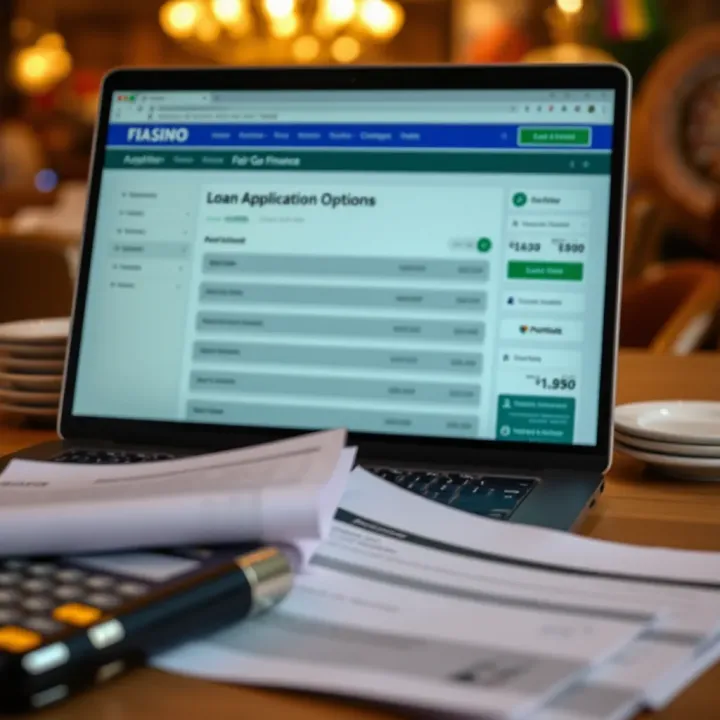 Financial documents and laptop showing loan application details