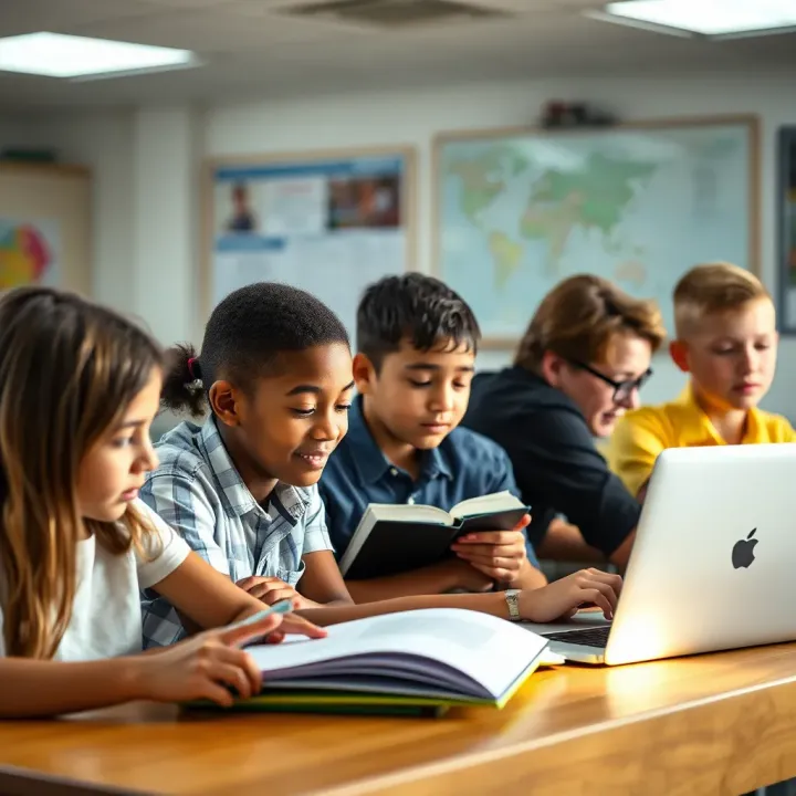 Promoting Educational Equity Among Australian Children Diverse Australian children studying together with books and laptops in a bright classroom