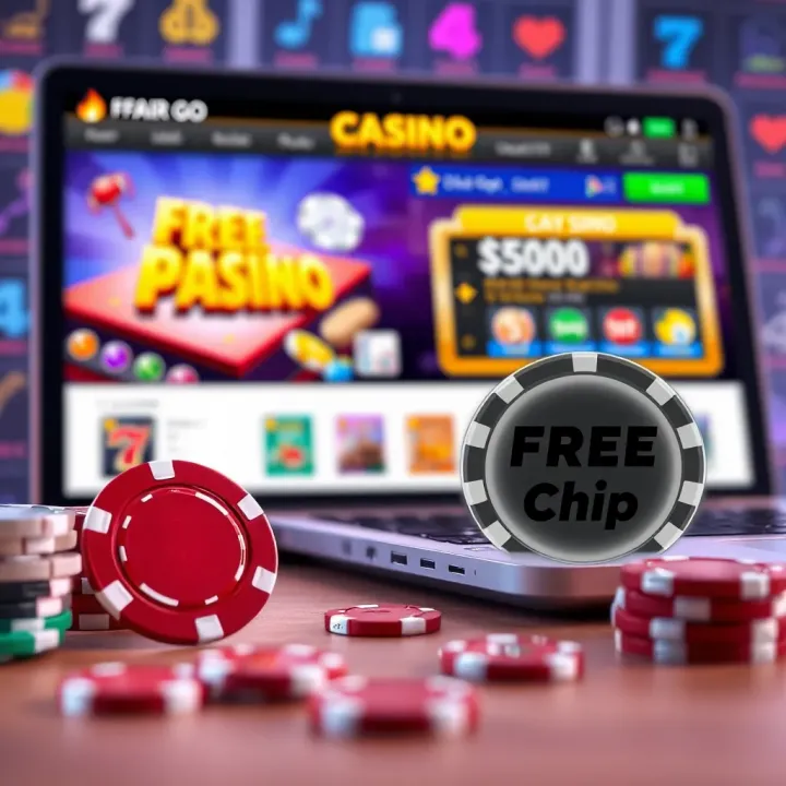 Illustration of a casino chip next to a laptop showing an online casino interface