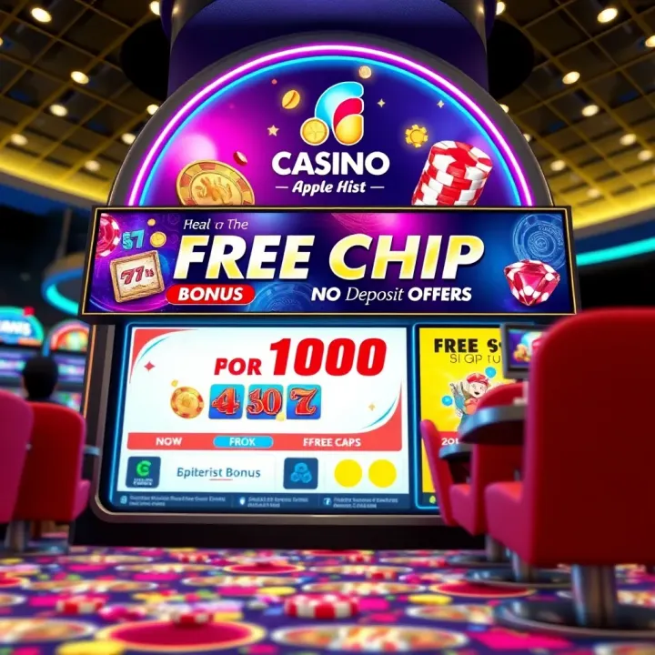 Illustration showing a vibrant digital casino interface with promotional banners for a free chip bonus offer