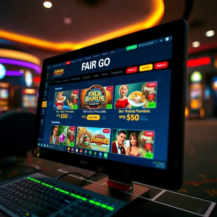Illustration of a computer screen displaying Fair Go free codes and bonus offers for online casino players