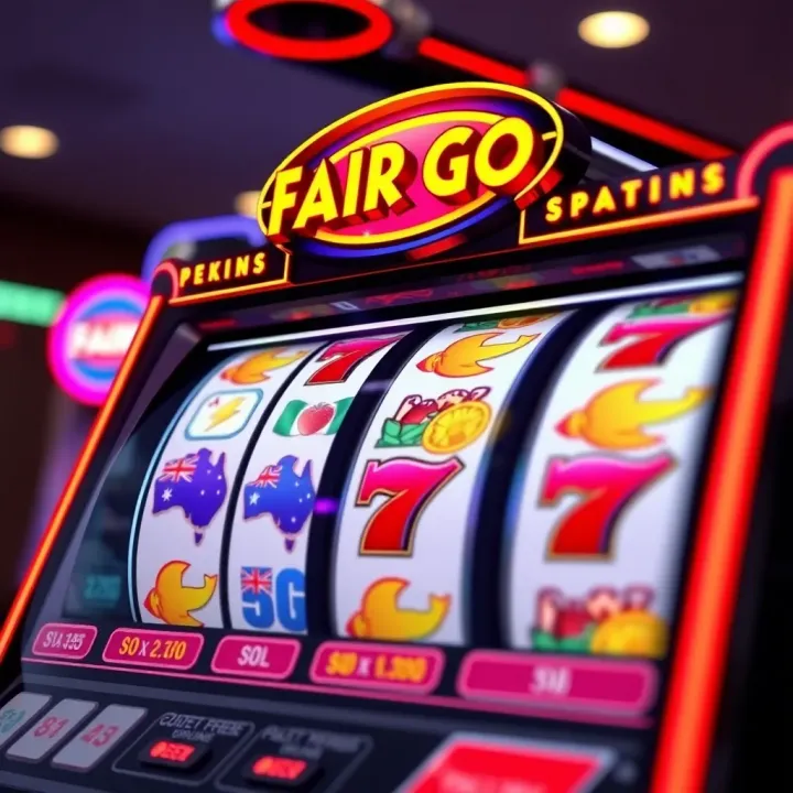 Illustration of online slot machine with spinning reels and Aussie-themed symbols
