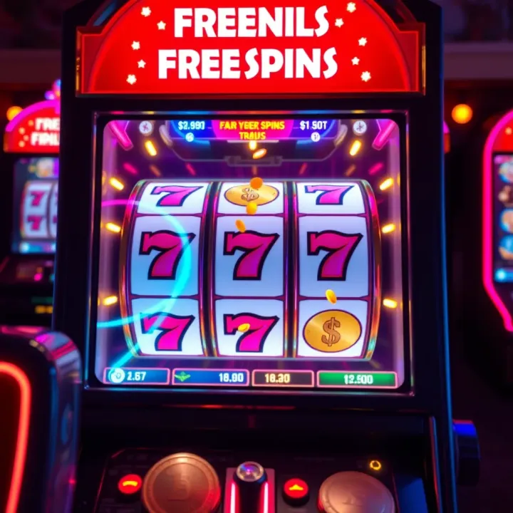 Illustration showing a digital slot machine with spinning reels and glowing coins around it representing free spins excitement