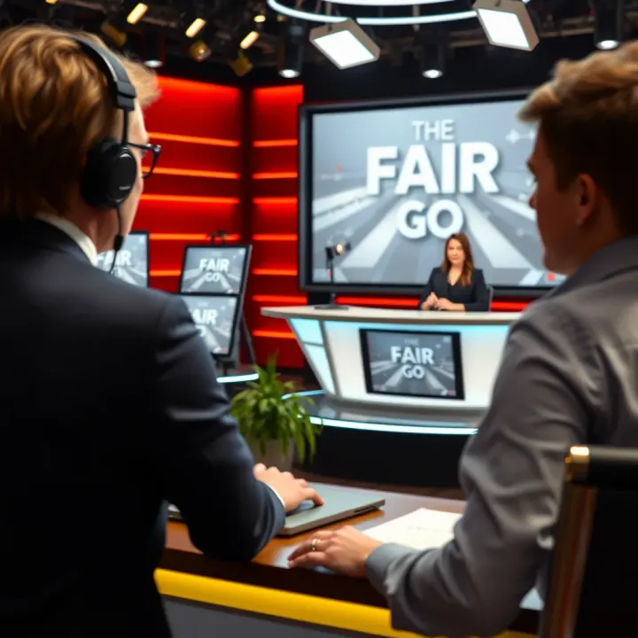 Television studio set with a host engaging viewers during a consumer rights program