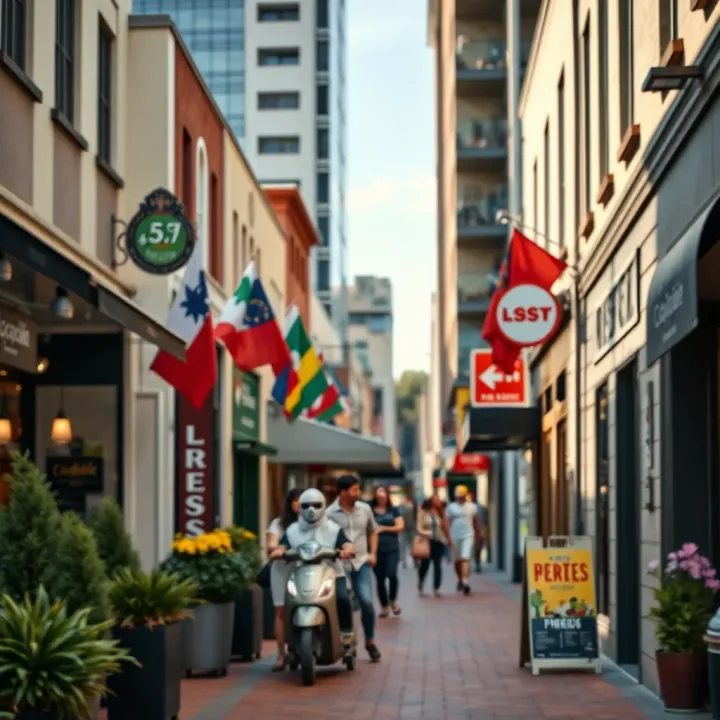 Shopfronts of diverse small businesses lined up on a lively street, illustrating the variety and resilience of local enterprises