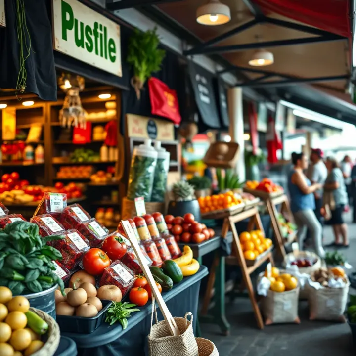 A vibrant local market stall showcasing fresh produce and handmade goods, representing thriving community trade
