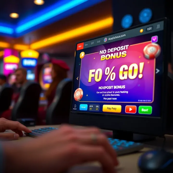 Illustration of an online casino interface showcasing a no deposit bonus offer on screen