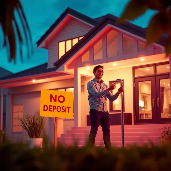 Illustration showing an Australian rental property with a no deposit sign and happy tenant receiving keys