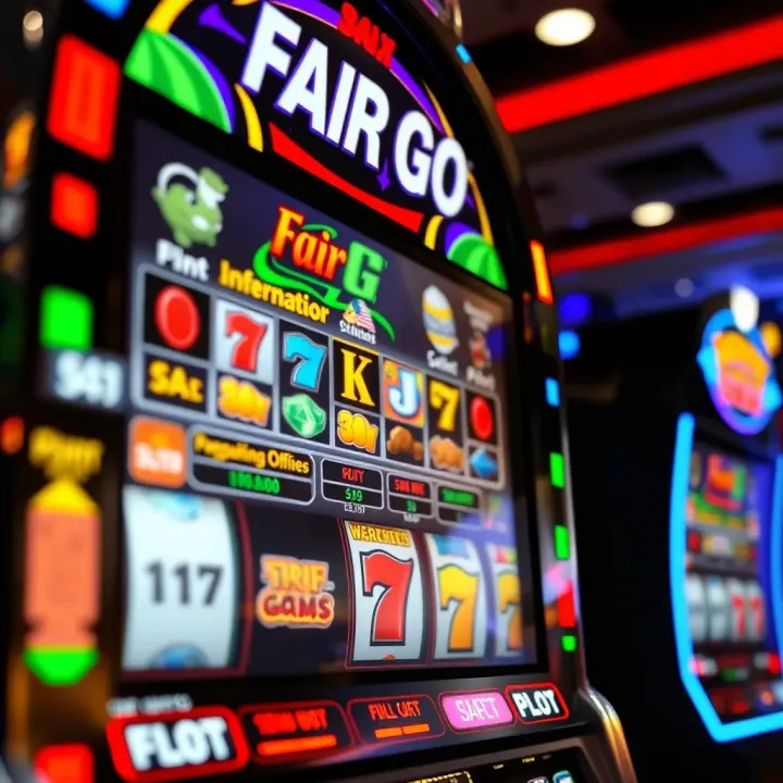 Slot machine display showing colorful symbols and payout information in a casino environment