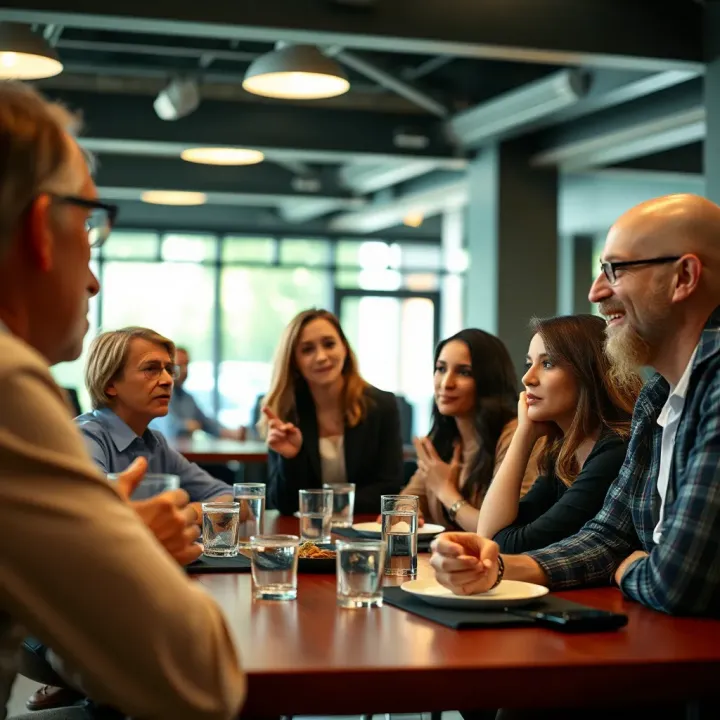Community Collaboration Highlighting Fairness in Workplaces and Governance Conceptual representation of diverse community members engaging in collaborative discussion reflecting fairness in workplaces and governance