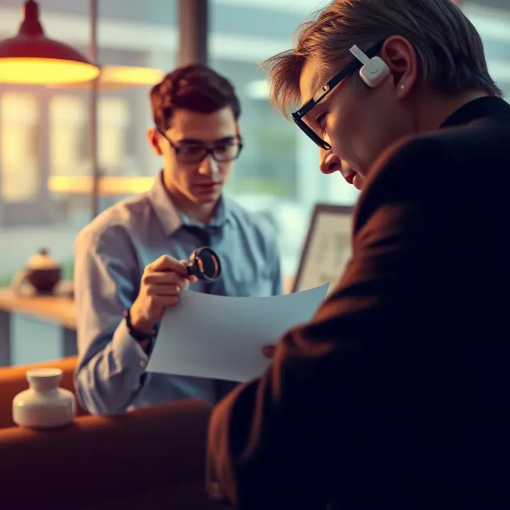 Illustration of a consumer reporter investigating unfair business practices with a magnifying glass and documents