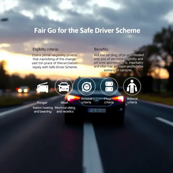 Car on road with icons symbolizing eligibility criteria and benefits of the safe driver scheme