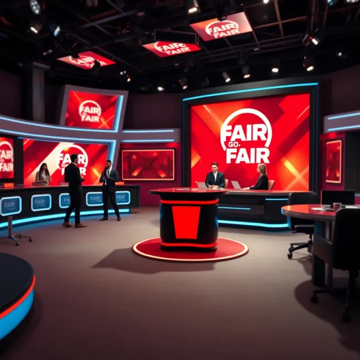 Television studio set of Fair Go with presenters ready for broadcast