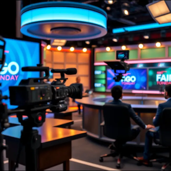 Television studio set with cameras focused on a consumer affairs program host