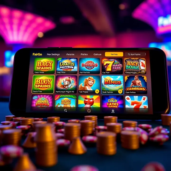 Mobile device displaying a variety of FairGo Casino games with vibrant graphics