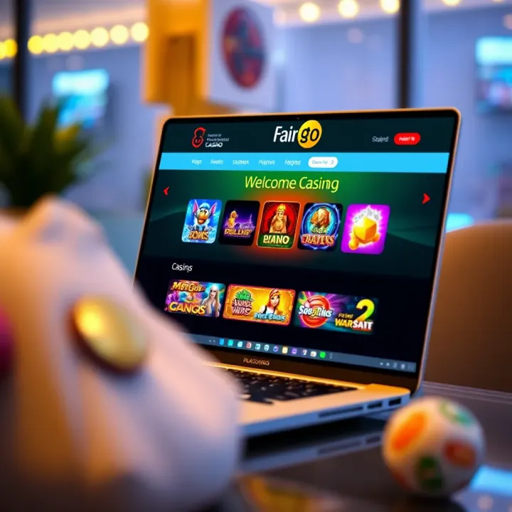 FairGo Casino welcome screen on a laptop displaying colorful game icons and promotions