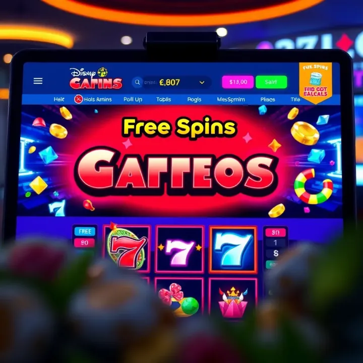 Online casino interface displaying free spins promotion and vibrant slot machine icons
