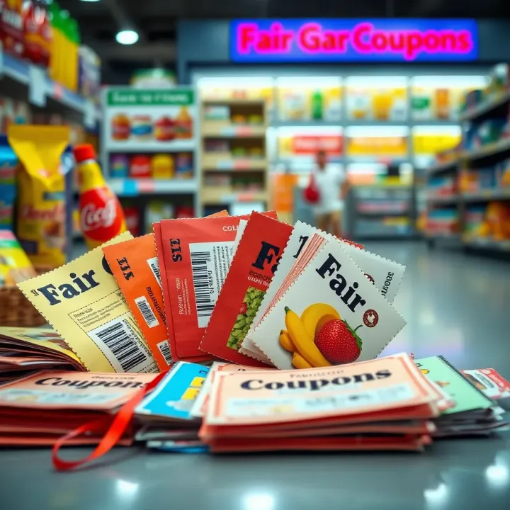 Collection of colorful coupons laid out on a flat surface with shopping items in the background