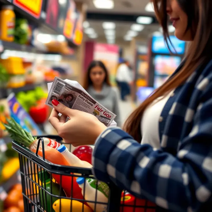 Using Fair Go Coupons for Everyday Shopping Discounts Close-up of a shopper examining a coupon while holding a shopping basket filled with groceries