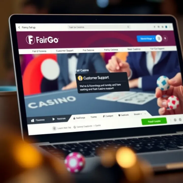 Laptop showing the Fair Go Casino homepage with customer support chat open
