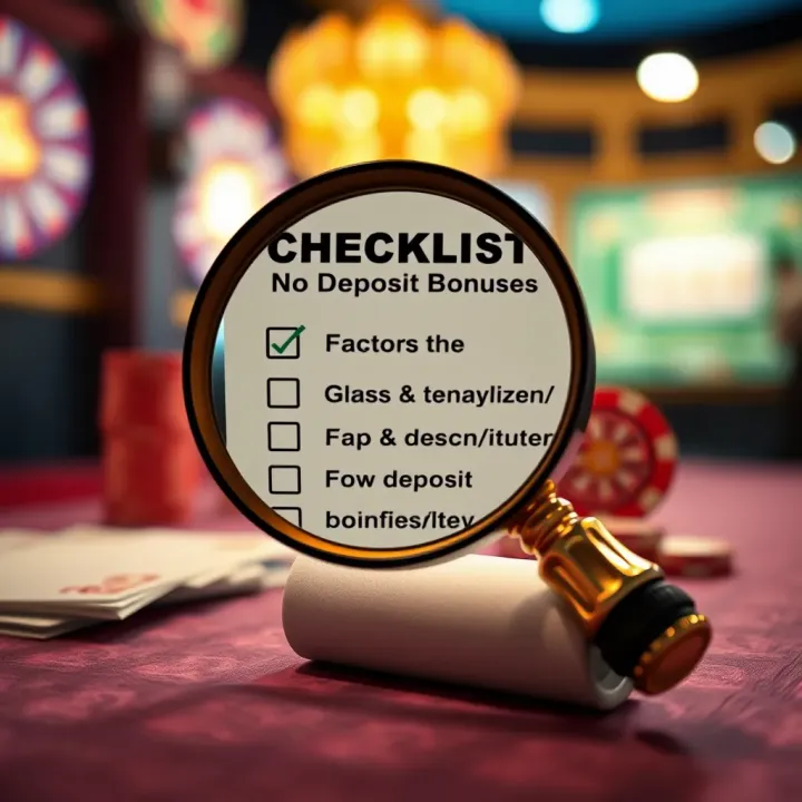 Checklist for Identifying Genuine No Deposit Bonuses Conceptual graphic showing a checklist and magnifying glass highlighting key factors to identify fair no deposit bonuses