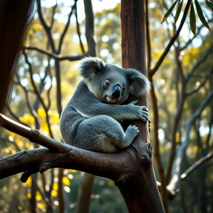 A koala resting on a eucalyptus tree branch in a sunlit forest