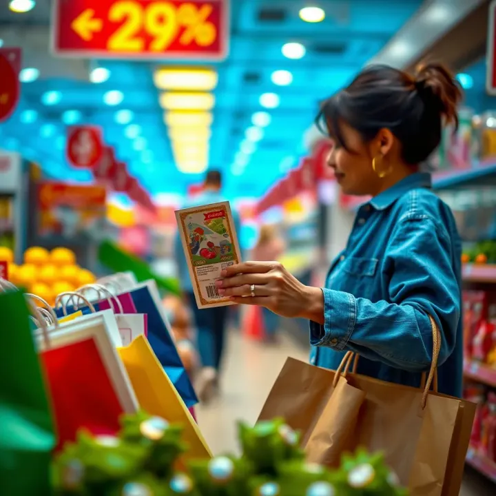 Conceptual graphic showing a shopper saving money with a coupon amid shopping bags and price tags