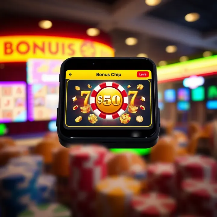 Illustration of a mobile device displaying casino game interface with bonus chip notification