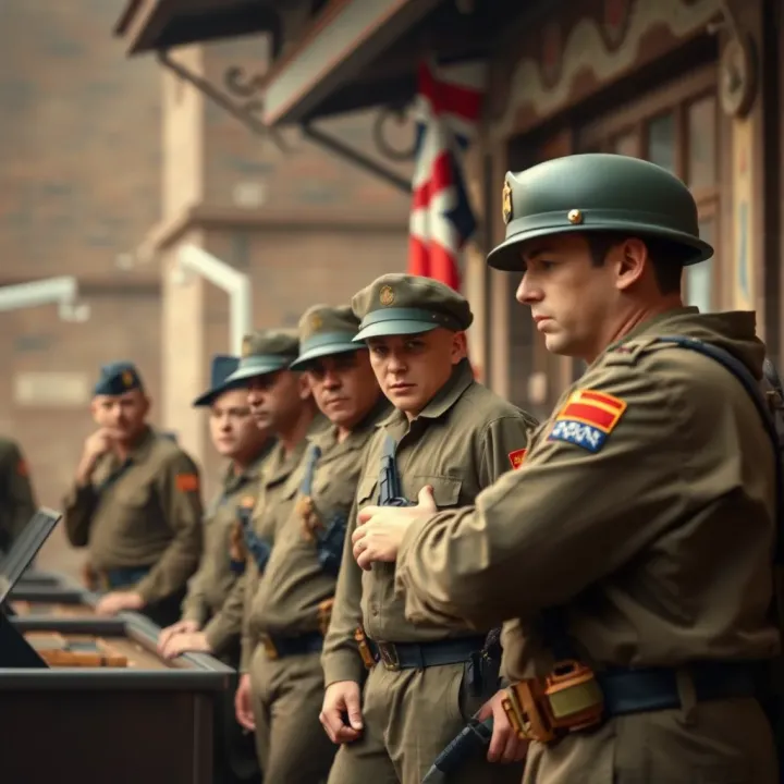 Historical depiction of Australian national service recruitment and enlistment during the mid-20th century