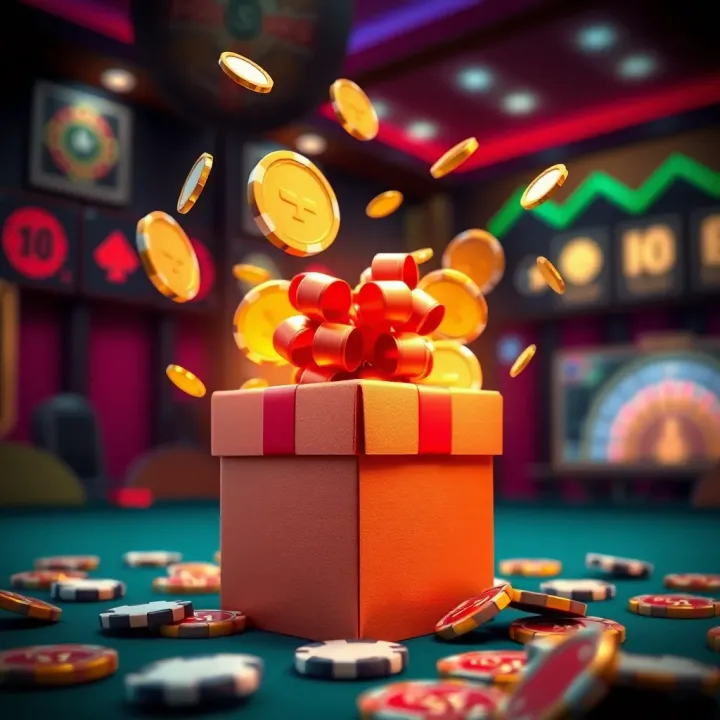 Illustration of a digital gift box with casino tokens and bonus symbols emerging
