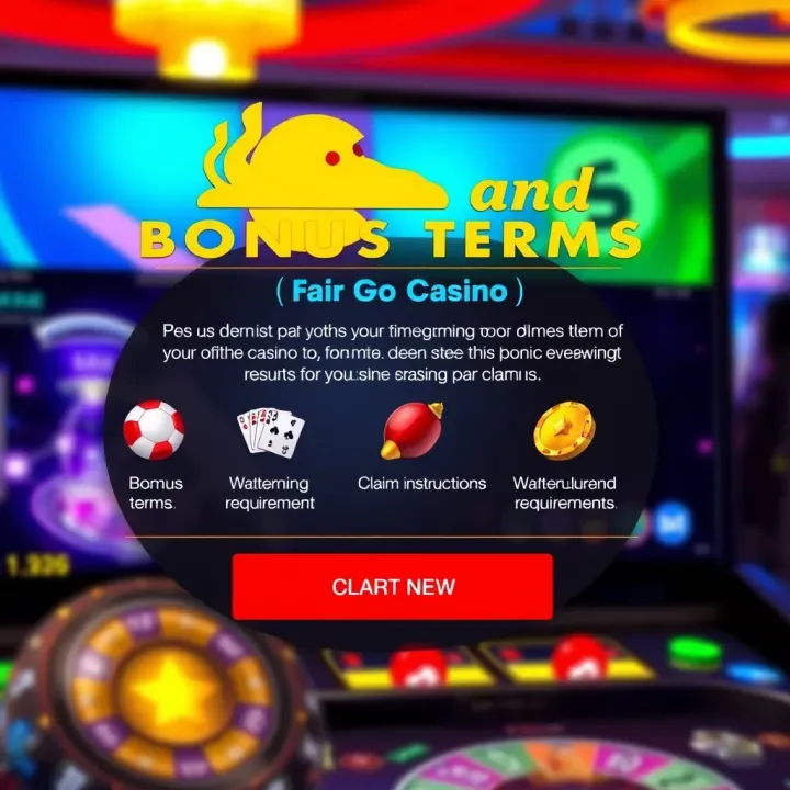 Graphic showing a virtual casino interface with icons representing bonus terms, wagering requirements, and claim instructions