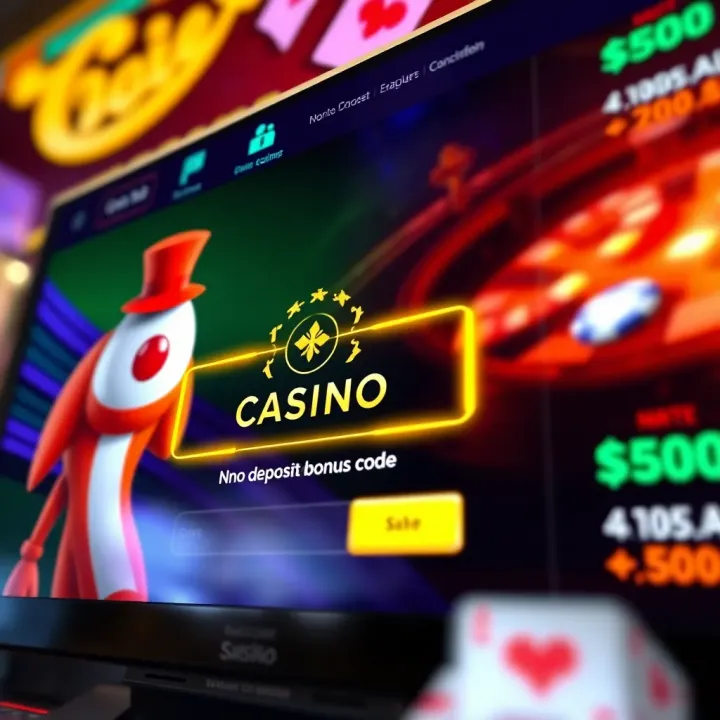 Illustration showing a digital casino interface with highlighted no deposit bonus code section