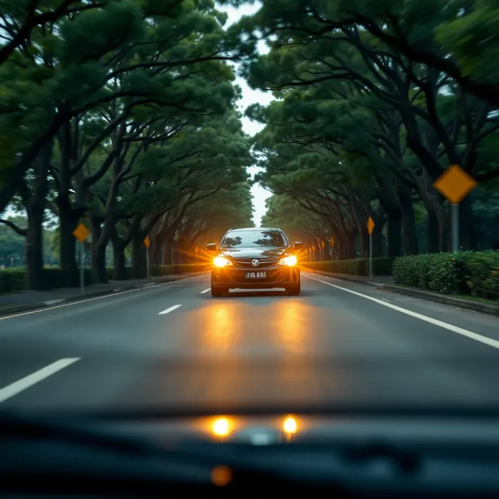 A car driving safely on a tree-lined road symbolizing secure and cautious driving habits