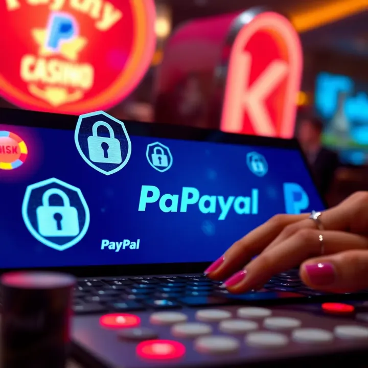 Visual representation of secure online casino transactions with PayPal and safety icons
