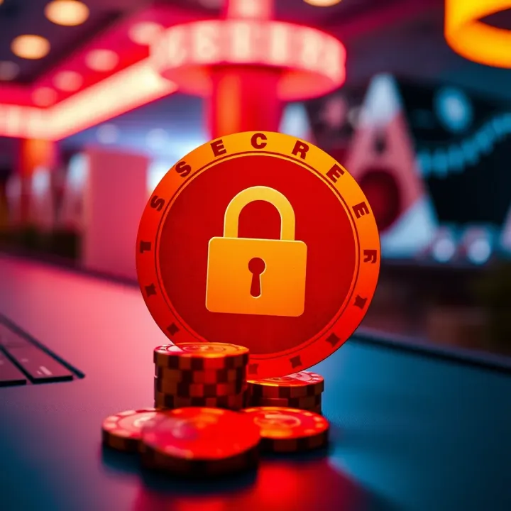Graphic depicting a secure online transaction with a lock symbol and casino tokens