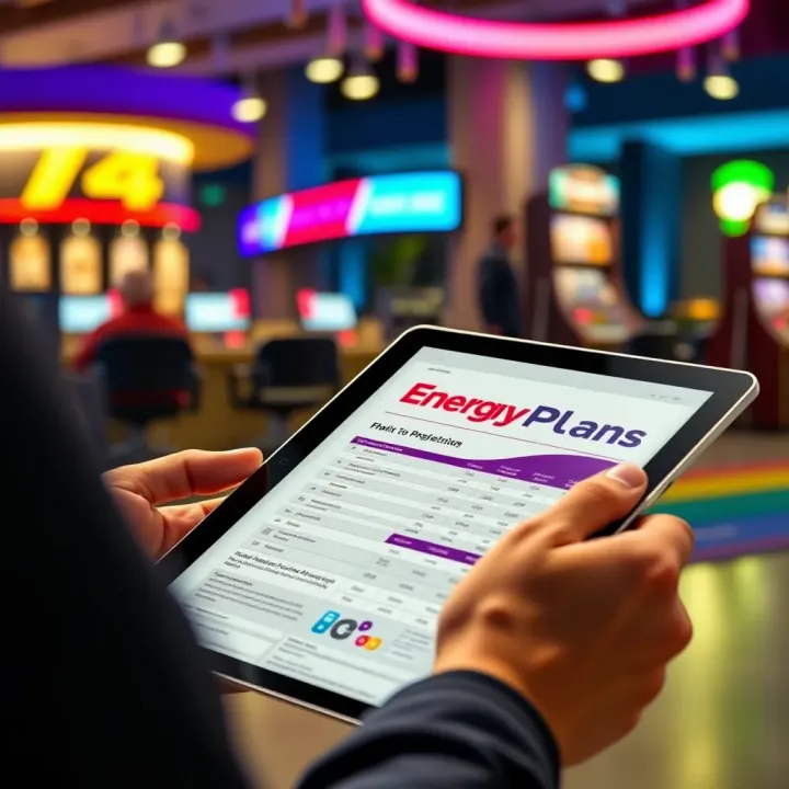 Graphic showing a person reviewing a detailed energy plan document on a digital tablet