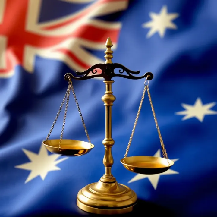 Illustration depicting the concept of fairness and equality symbolized by balanced scales over an Australian flag backdrop