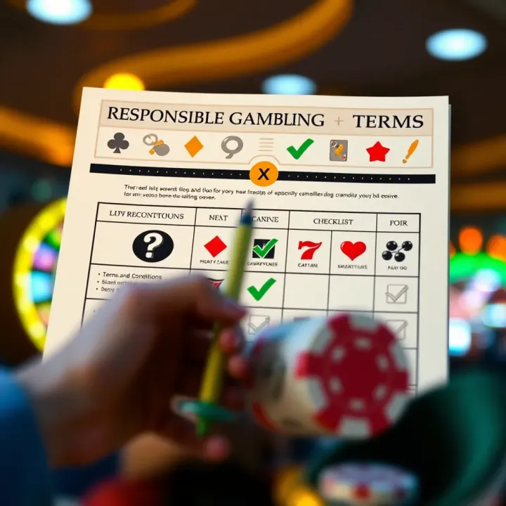 Graphic showing responsible gambling with casino symbols and a checklist for terms and conditions
