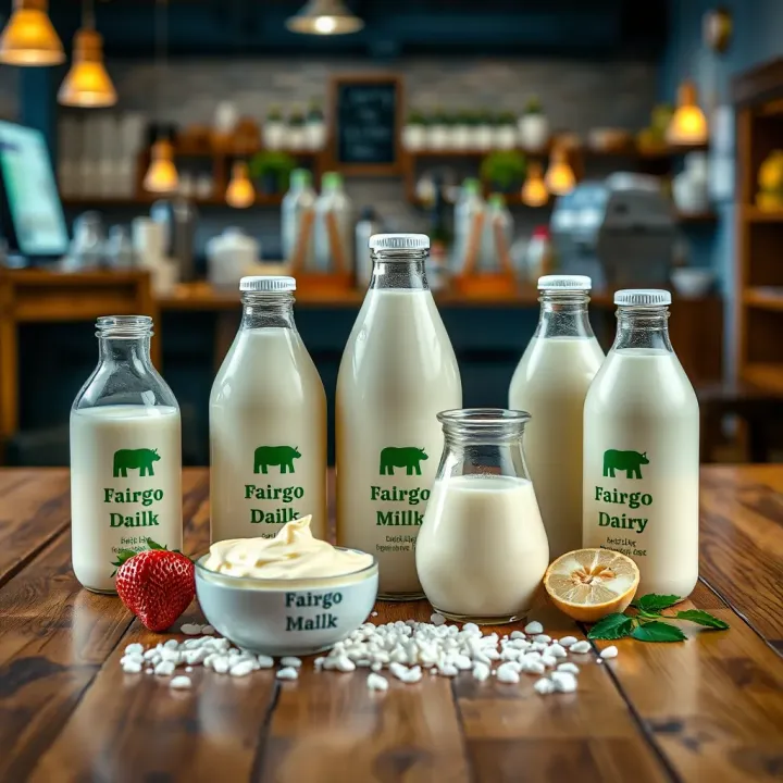 Fresh milk products displayed on a wooden table symbolizing quality and fairness in dairy production