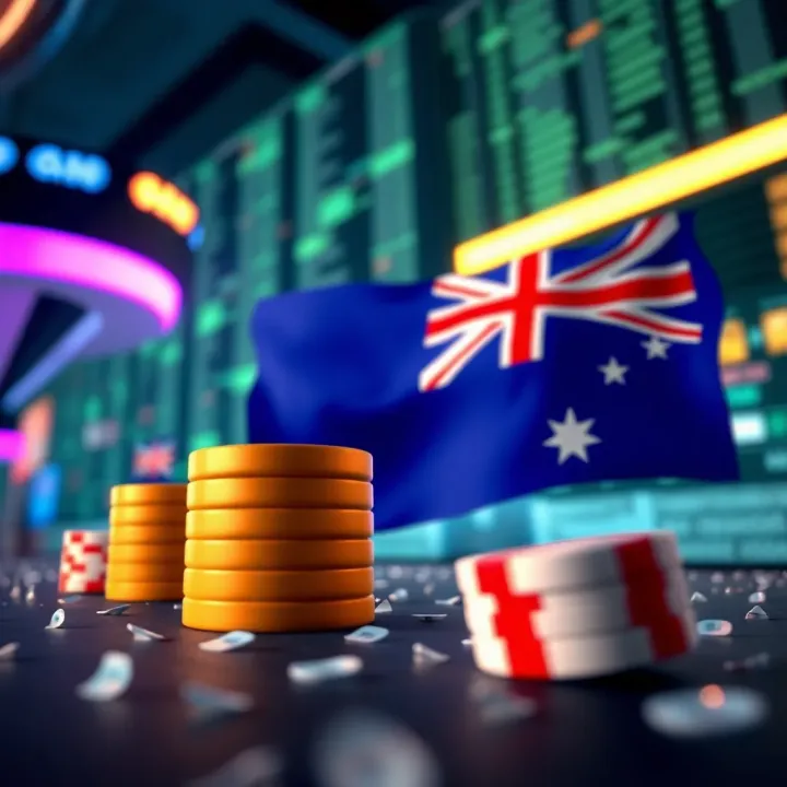 Conceptual graphic of digital codes and Australian flag symbolizing online casino promotions