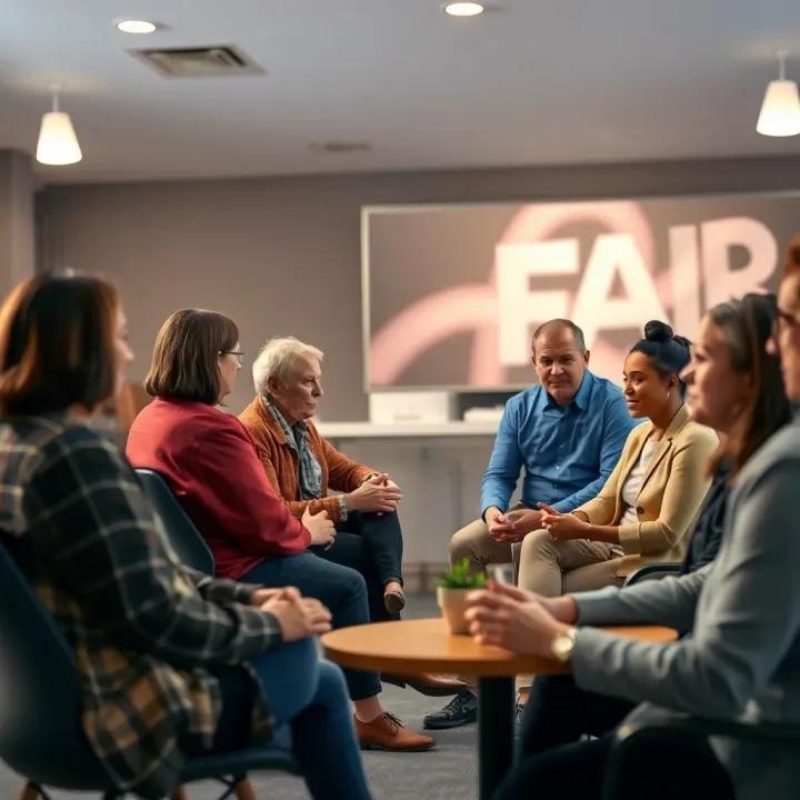 Illustration of diverse community members engaging in a discussion symbolizing fairness and inclusivity