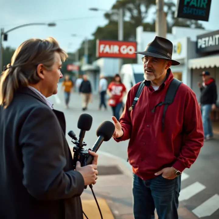 Journalist interviewing a local resident about community issues with a microphone and camera