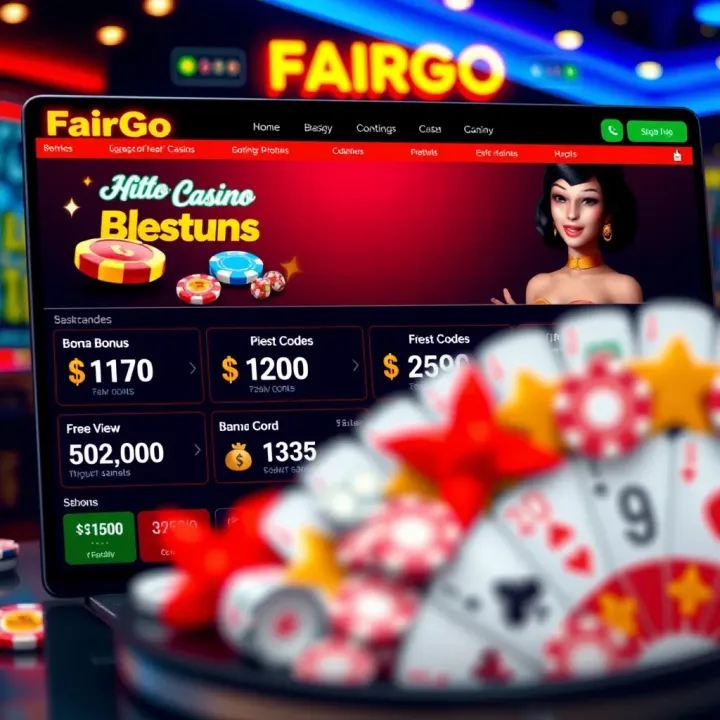 Illustration of a digital casino interface displaying bonus codes and promotional offers