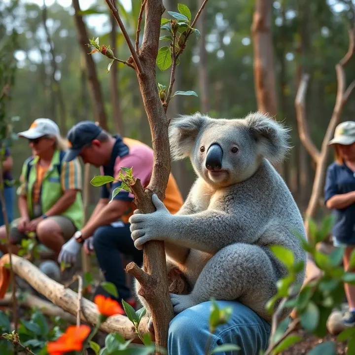 Community members planting trees to support koala habitat conservation