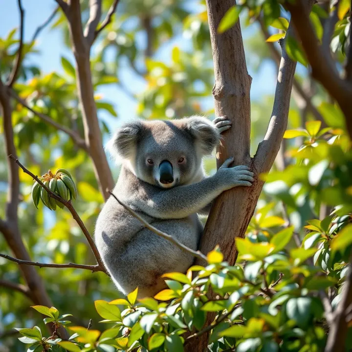 Koala resting in a eucalyptus tree surrounded by vibrant Australian foliage