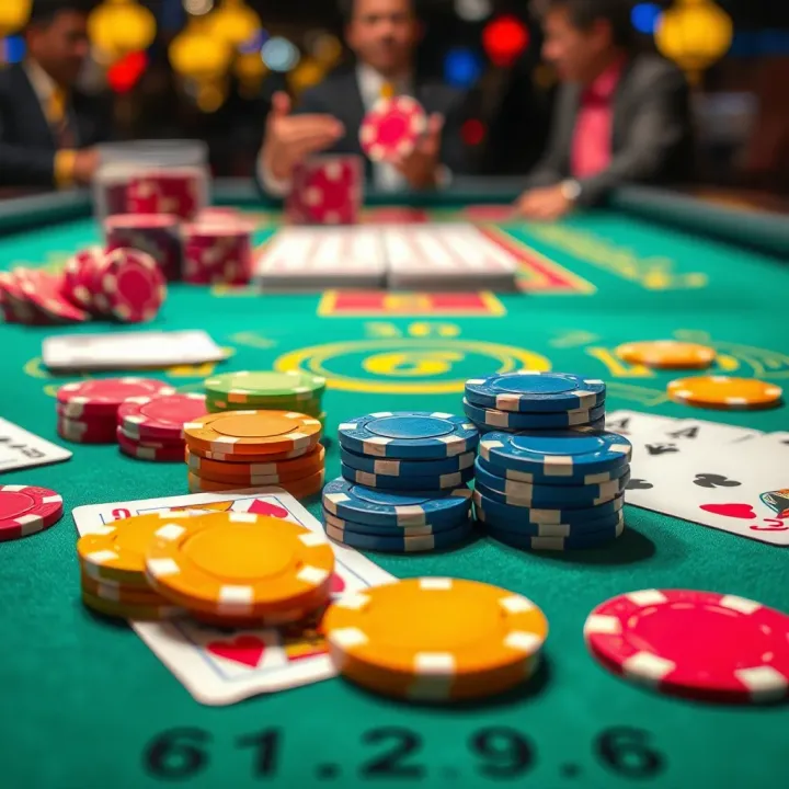 Colorful casino chips and playing cards laid out on a vibrant gaming table