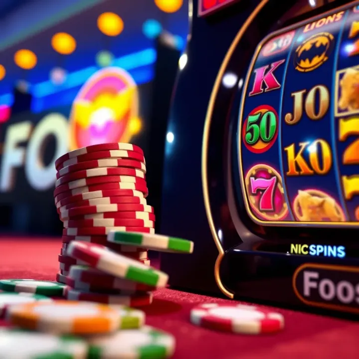 Illustration showing a vibrant casino chip stack next to a spinning slot machine reel highlighting bonus features