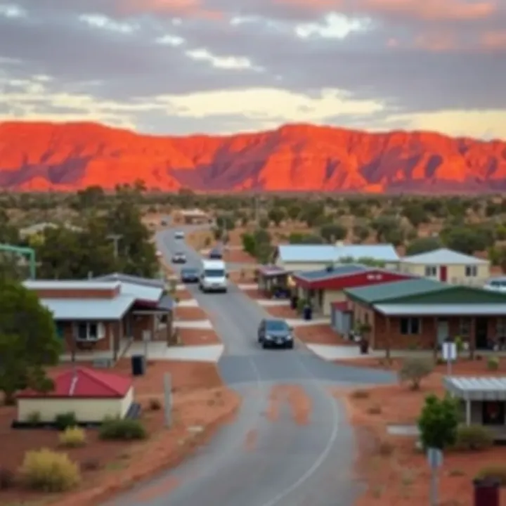 Australian outback landscape with community buildings representing local impact of pokies