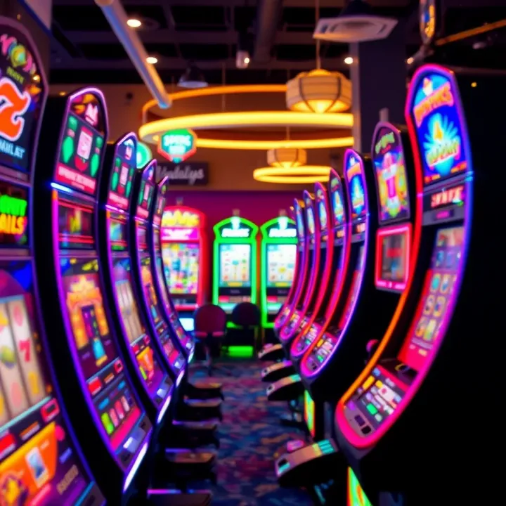 Colorful pokies machines with various symbols and flashing lights in an entertainment venue