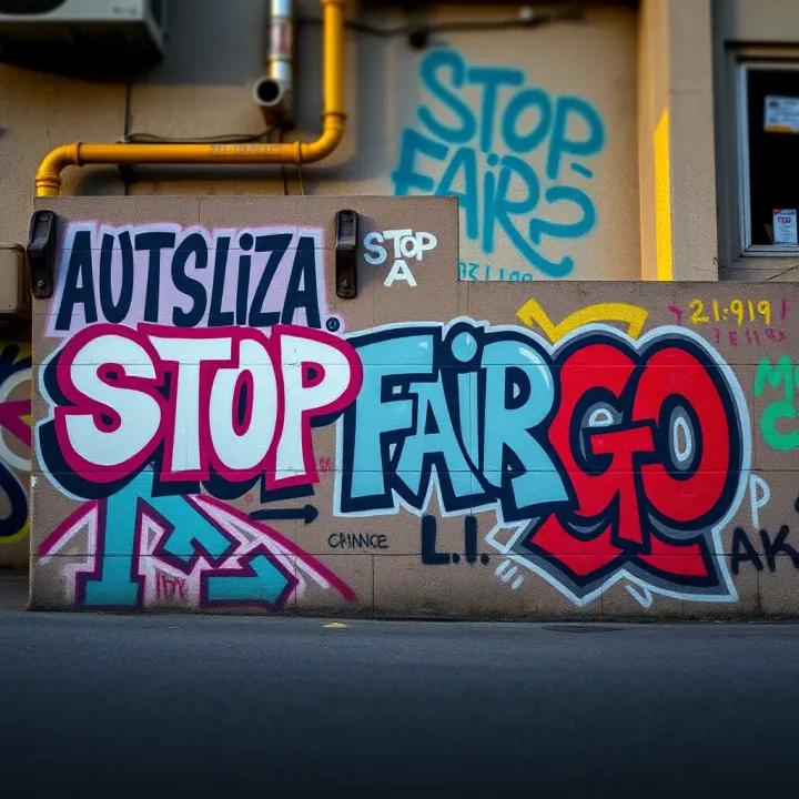 Graffiti art displaying the phrase Stop Fair Go in bold colors on an urban wall